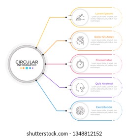 Diagram with 65lements connected to main circle. Concept of five features or stages of business process. Linear infographic design template. Modern vector illustration for presentation, report.