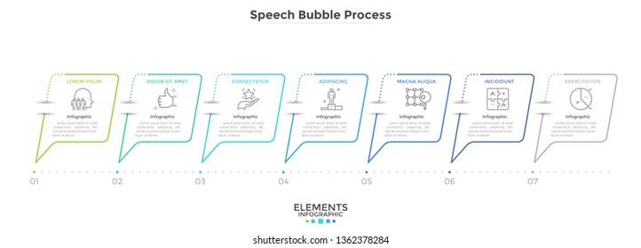 Diagram with 7 speech balloons arranged in horizontal row. Concept of seven business messages. Minimal infographic design template. Linear vector illustration for presentation, banner, report.