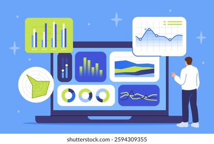 Diagram Analysis. Male entrepreneur or financial consultant analyzing company statistics, charts and graphs to develop growth strategy. Business and Economic Development. Flat vector illustration