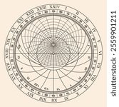 Diagram of an ancient astronomical instrument astrolabe for measuring horizontal angles and determining latitudes and longitudes of celestial bodies. Object isolated on beige background