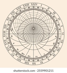 Diagram of an ancient astronomical instrument astrolabe for measuring horizontal angles and determining latitudes and longitudes of celestial bodies. Object isolated on beige background