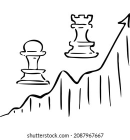 Diagrama con una flecha que sube sobre el cual se peón las piezas de ajedrez y boceto bispo ilustración vectorial dibujar mano
