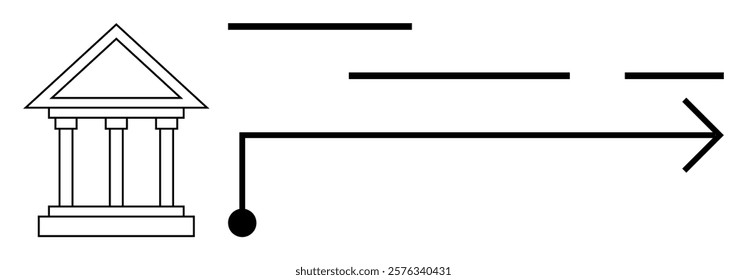 Diagram of a bank represented by a building icon and connected lines leading to an arrow, suggesting direction or flow. Ideal for financial institutions, banking processes, money transfer, financial