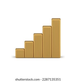 El análisis de la columna de la gráfica de barras de diagrama aumenta anualmente el gráfico dorado Icono 3d ilustración vectorial realista. Información de informe comercial estadístico de nivel de escalón de tendencia de referencia que analiza el diseño de visualización de ascenso