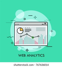 Diagram, bar chart and linear graph inside browser window. Concept of web analytics, internet tool for statistical analysis, online statistics. Colorful vector illustration for banner, website.