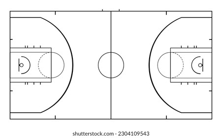 Diagrama de la ilustración vectorial de cancha de baloncesto aislada en fondo blanco. Símbolo del esquema del campo de baloncesto. Borrador de terreno deportivo. Plan de tiempo de espera para la estrategia de juego.