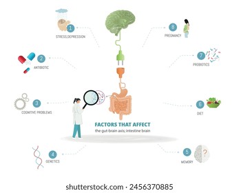 A diagram of the bi-directional brain-gut axis.relationship between the brain and the gut-stomach.factors influencing the brain-gut axis.