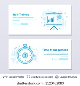 Diagram board and stop watch symbols. Modern styled banners for business topic. Easy to edit vector icons and place for your text.