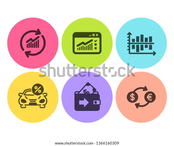 Diagram chart, Car leasing and Wallet icons simple\
set. Web traffic, Update data and Currency exchange signs.\
Presentation graph, Transport discount. Finance set. Flat diagram\
chart icon. Vector