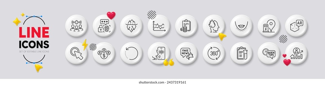 Diagramm, Kinn und medizinische Mitarbeiter Linie Symbole. Weiße Schaltflächen 3D-Symbole. Rudel Karriereleiter, Eisberg, Buchhaltungssymbol. Biometrische Sicherheit, Medizinische Analysen, Piktogramm der erweiterten Realität. Vektor