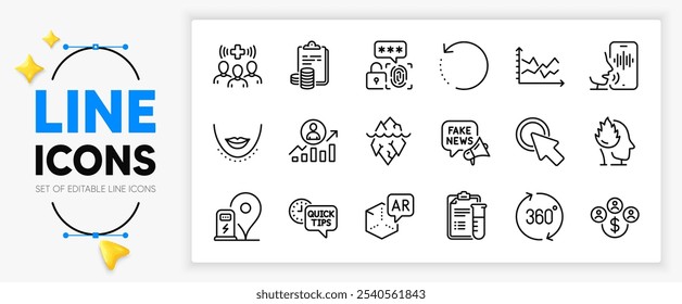 Diagram chart, Chin and Medical staff line icons set for app include Career ladder, Iceberg, Accounting outline thin icon. Biometric security, Medical analyzes. Yellow 3d stars with cursor. Vector