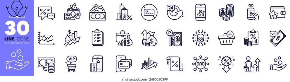 Diagram chart, Coins and Inflation line icons pack. Parking payment, Vip shopping, Checklist web icon. Discount, Loan percent, Accepted payment pictogram. Growth chart, Phone pay, Discounts. Vector