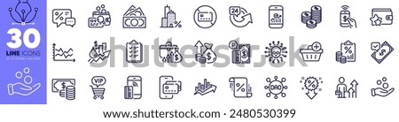 Diagram chart, Coins and Inflation line icons pack. Parking payment, Vip shopping, Checklist web icon. Discount, Loan percent, Accepted payment pictogram. Growth chart, Phone pay, Discounts. Vector