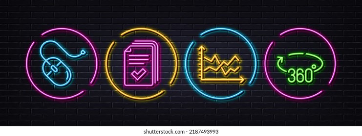 Diagram Chart, Computer Mouse And Handout Minimal Line Icons. Neon Laser 3d Lights. 360 Degrees Icons. For Web, Application, Printing. Presentation Graph, Pc Device, Documents Example. Vector