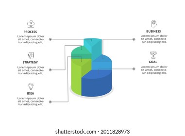 Gráfico de diagrama, presentación del gráfico de cilindros. Concepto de línea de tiempo de negocios con 5 partes