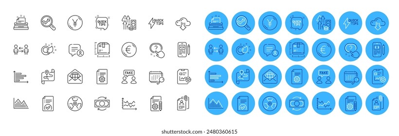 Diagram chart, Documentation and Horizontal chart line icons pack. Yen money, Quick tips, Report checklist web icon. Interview documents, Technical documentation, Approved document pictogram. Vector