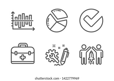 Diagram chart, First aid and Verify icons simple set. Engineering, Pie chart and Partnership signs. Presentation graph, Medicine case. Science set. Line diagram chart icon. Editable stroke. Vector