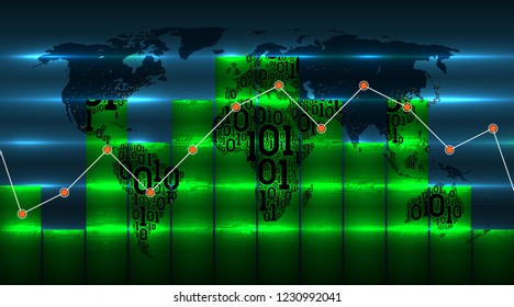 Diagram chart and graph on the background of the world map. Map of the Earth from binary code, abstract electronics. Digital technology concept, cloud service, big data, internet of things, vector