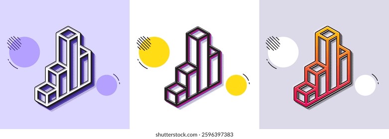 Diagram chart line icon. Halftone dotted pattern. Gradient icon with grain shadow. Column 3d graph sign. Market analytics symbol. Line 3d chart icon. Various designs. Vector