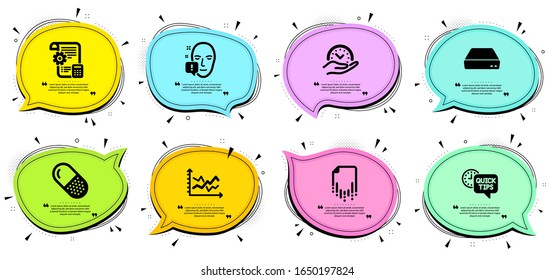 Diagram chart, Safe time and Face attention signs. Chat bubbles with quotes. Mini pc, Recovery file and Quick tips line icons set. Settings blueprint, Capsule pill symbols. Vector