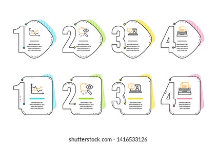 Diagram chart, Search and Faq icons simple set. Typewriter sign. Presentation graph, Find document, Web support. Writer machine. Technology set. Infographic timeline. Line diagram chart icon. Vector