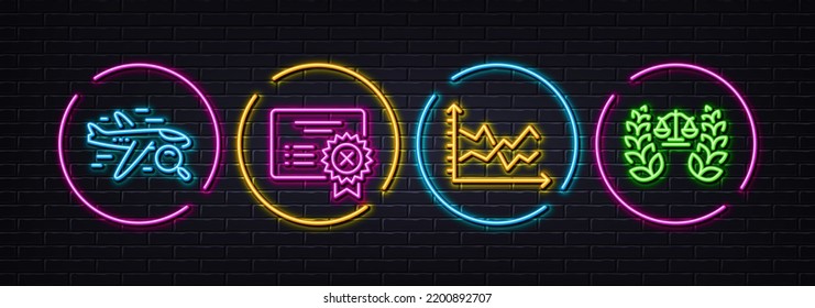 Diagram chart, Search flight and Reject certificate minimal line icons. Neon laser 3d lights. Justice scales icons. For web, application, printing. Vector