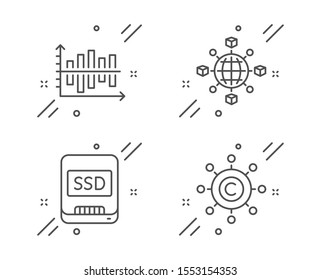 Diagram chart, Ssd and Logistics network line icons set. Copywriting network sign. Presentation graph, Memory disk, International tracking. Content networking. Business set. Vector