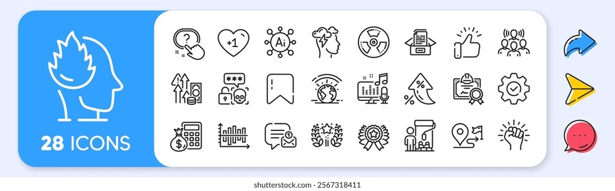 Diagram chart, Stress and Inflation line icons. Interest rate, AI generate, Inflation icons. Pack of Painter, Journey, Team work icon. Ranking, Podcast, Winner ribbon pictogram. Vector