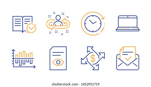Diagram chart, Time change and Notebook line icons set. Recruitment, Approved documentation and Payment exchange signs. View document, Approved mail symbols. Presentation graph, Clock. Vector