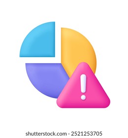 Diagram chart with warning symbol. Risk, business and finance concept. 3d vector icon. Cartoon minimal style.