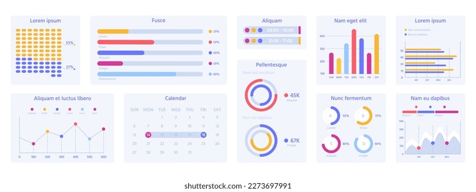 Diagram charts dashboard. Financial analysis, website ui interface, modern diagram templates vector illustration set. Dashboard infographic elements