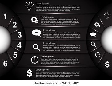 Diagram Circle Design, Glowing Semi-Circle Curve With Number, Business Icon and Information Text Design On Black Background, For Business/Finance Infographic. Vector Illustration