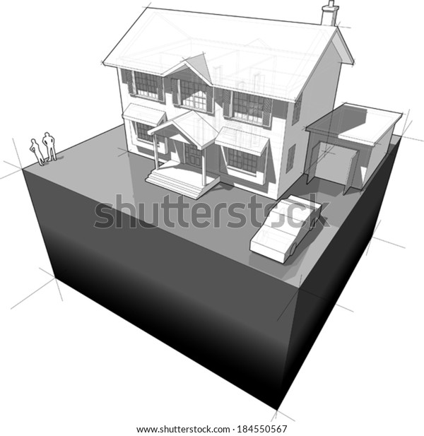diagram of a classic colonial house (another
house diagram from the collection, all have the same point of
view/angle/perspective, easy to combine)
