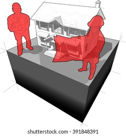 diagram of a classic colonial house and architect and happy smiling man standing in front of it 
