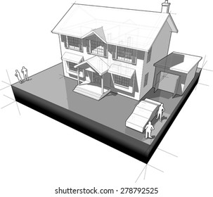 diagram of a classic colonial house with garage and car 