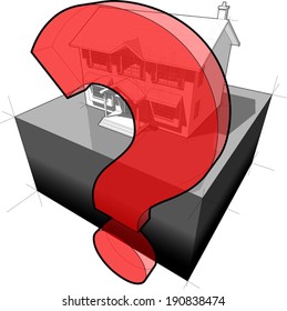 diagram of a classic colonial house and question mark (another house diagram from the collection, all have the same point of view/angle/perspective, easy to combine)