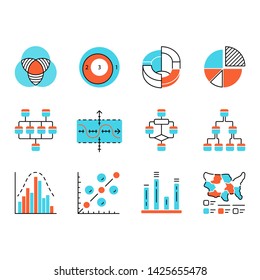 Diagram color icons set. Schematic representation of info. Statistics data visualization. Analytical report. Science, computer technologies, business, finance. Isolated vector illustrations