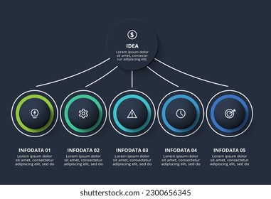 Diagram concept for infographic with 5 steps, options, parts or processes. Template for web on a black background.