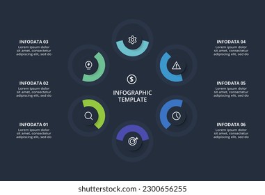 Diagram concept for infographic with 6 steps, options, parts or processes. Template for web on a black background.