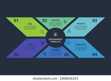 Diagram concept for infographic with 6 steps, options, parts or processes. Template for web on a black background.