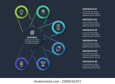 Diagram concept for infographic with 6 steps, options, parts or processes. Template for web on a black background.