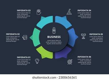 Diagram concept for infographic with 6 steps, options, parts or processes. Template for web on a black background.