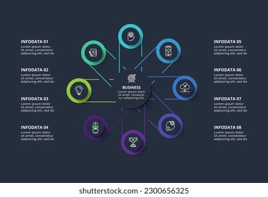 Diagram concept for infographic with 8 steps, options, parts or processes. Template for web on a black background.