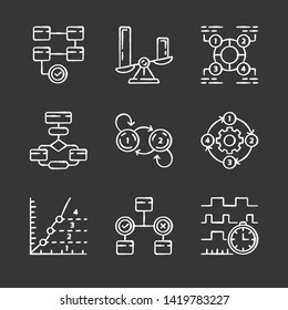 Diagram concepts chalk icons set. Statistics data and process flow visualization. Information symbolic representation. Comparisons among discrete categories. Isolated vector chalkboard illustrations