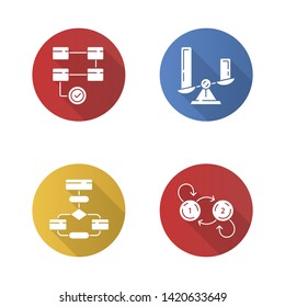 Diagram concepts flat design long shadow glyph icons set. Activity, comparison, flow, state charts. Statistics data and process. Information symbolic representation. Vector silhouette illustration