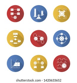 Diagram concepts flat design long shadow glyph icons set. Statistics data and process flow. Information symbolic representation. Comparisons among discrete categories. Vector silhouette illustration