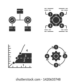 Diagram concepts glyph icons set. Decision, explanatory, phase, process charts. Statistics data and process flow. Information symbolic representation. Silhouette symbols. Vector isolated illustration