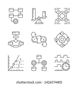Diagram concepts linear icons set. Data and process flow visualization. Information symbolic representation. Thin line contour symbols. Isolated vector outline illustrations. Editable stroke