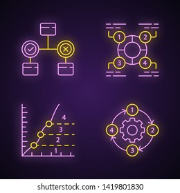 Diagram concepts neon light icons set. Decision, explanatory, phase, process charts. Statistics data and process flow. Information representation. Glowing signs. Vector isolated illustrations