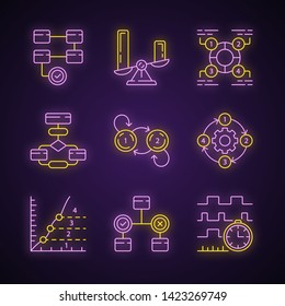 Diagram concepts neon light icons set. Statistics data and process flow visualization. Information representation. Comparisons among discrete categories. Glowing signs. Vector isolated illustrations